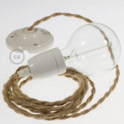 Pendel en porcelana, lámpara colgante cable textil en Jute TN06