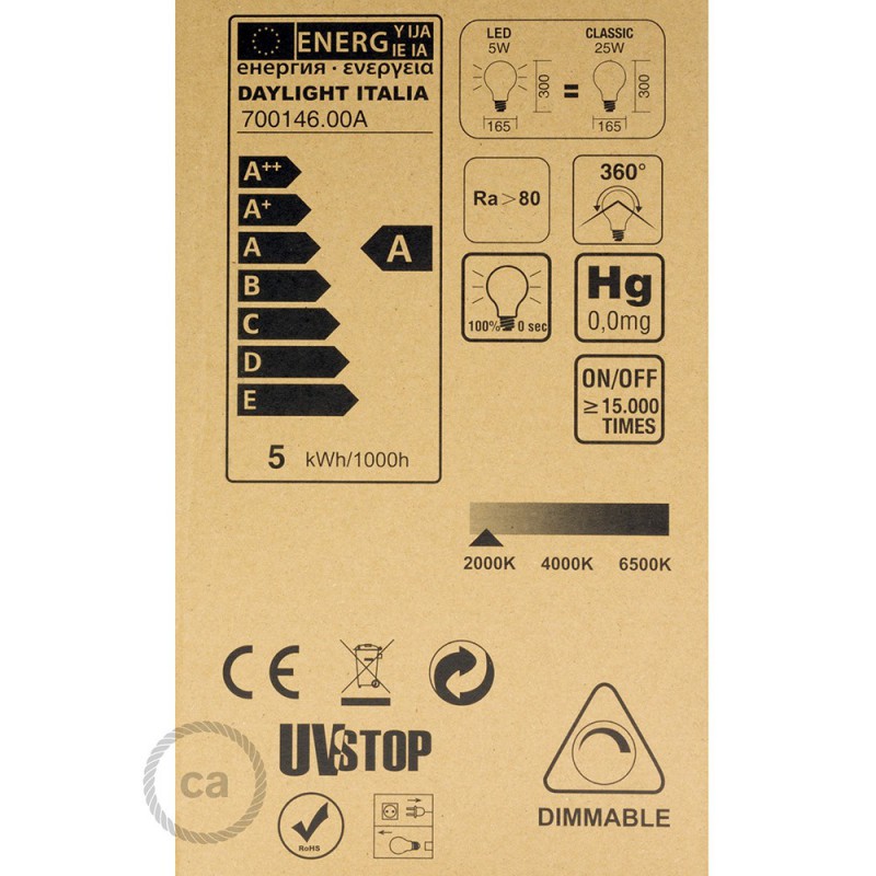 Bombilla Dorada LED XXL Pera A165 Filamento Curvado con Doble Espiral 5W E27 Dimmable 2000K