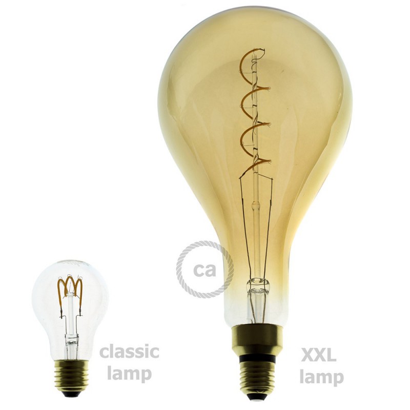 Bombilla Dorada LED XXL Pera A165 Filamento Curvado con Doble Espiral 5W E27 Dimmable 2000K