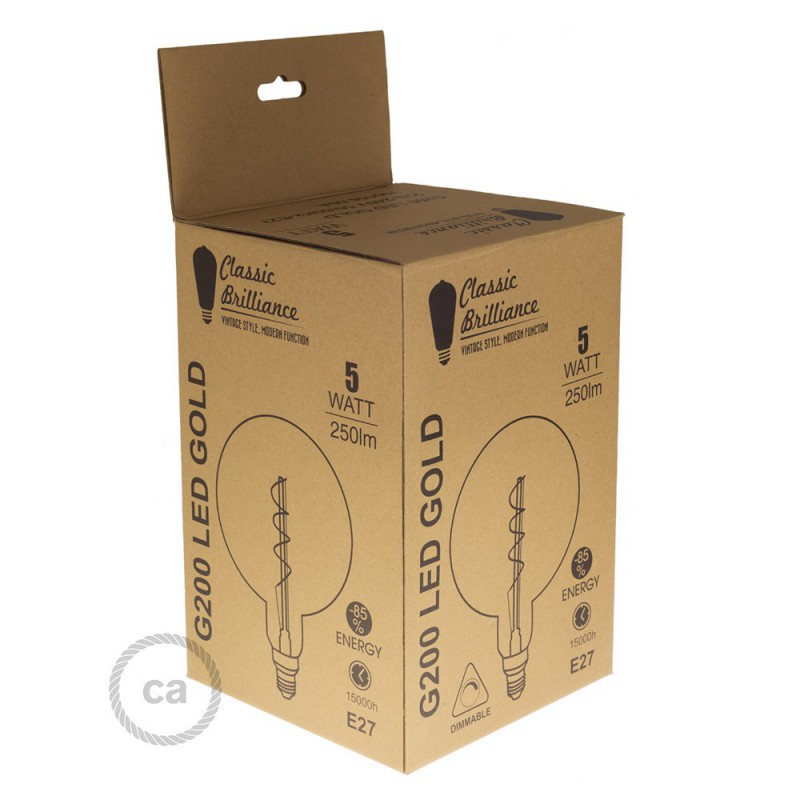 Bombilla Dorada LED XXL Esfera G200 Filamento Curvado con Doble Espiral 5W E27 Dimmable 2000K