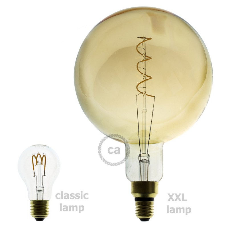 Bombilla Dorada LED XXL Esfera G200 Filamento Curvado con Doble Espiral 5W E27 Dimmable 2000K