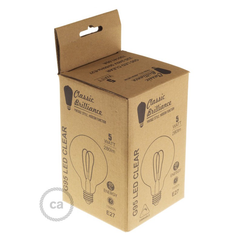 Bombilla Transparente LED Globo G95 Filamento Curvado con Doble Loop 5W E27 Dimmable 2200K