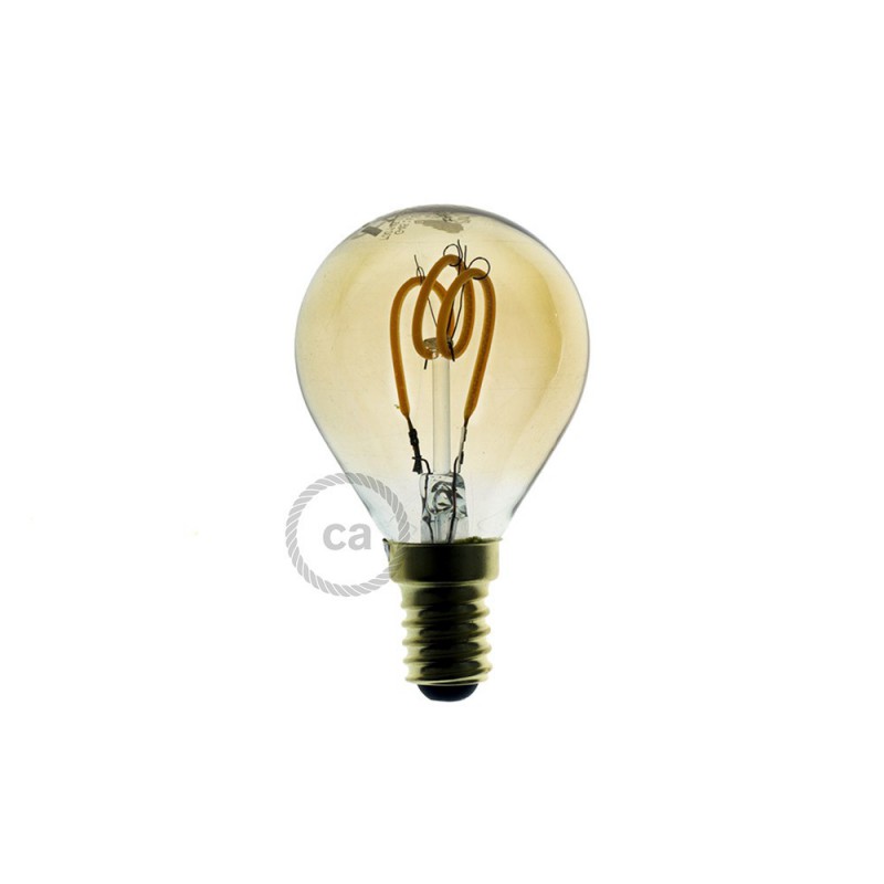 Bombilla Dorada LED Esfera G45 Filamento Curvado con Espiral 3W E14 Dimmable 2000K