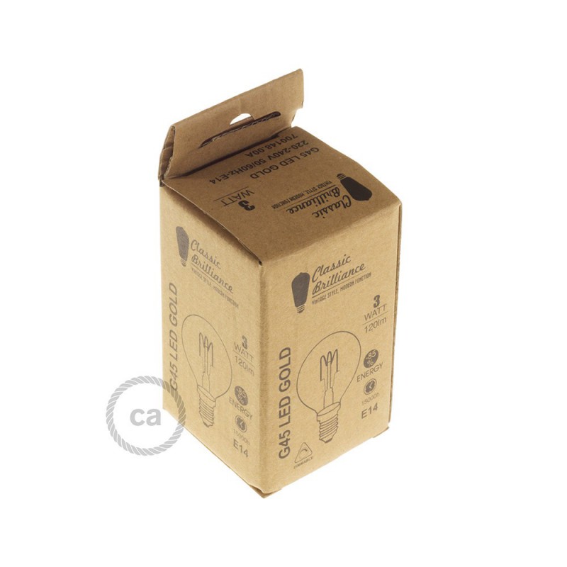 Bombilla Dorada LED Esfera G45 Filamento Curvado con Espiral 3W E14 Dimmable 2000K