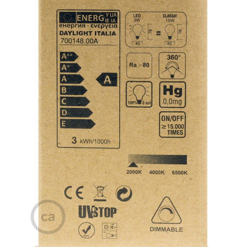 Bombilla Dorada LED Esfera G45 Filamento Curvado con Espiral 3W E14 Dimmable 2000K