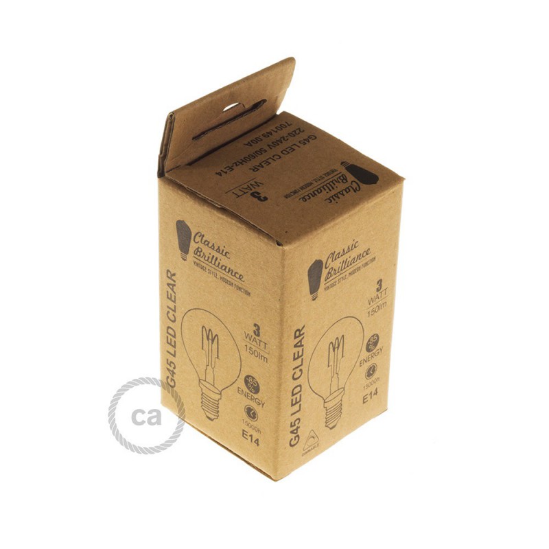 Bombilla Transparente LED Esfera G45 Filamento Curvado con Espiral 3W E14 Dimmable 2200K