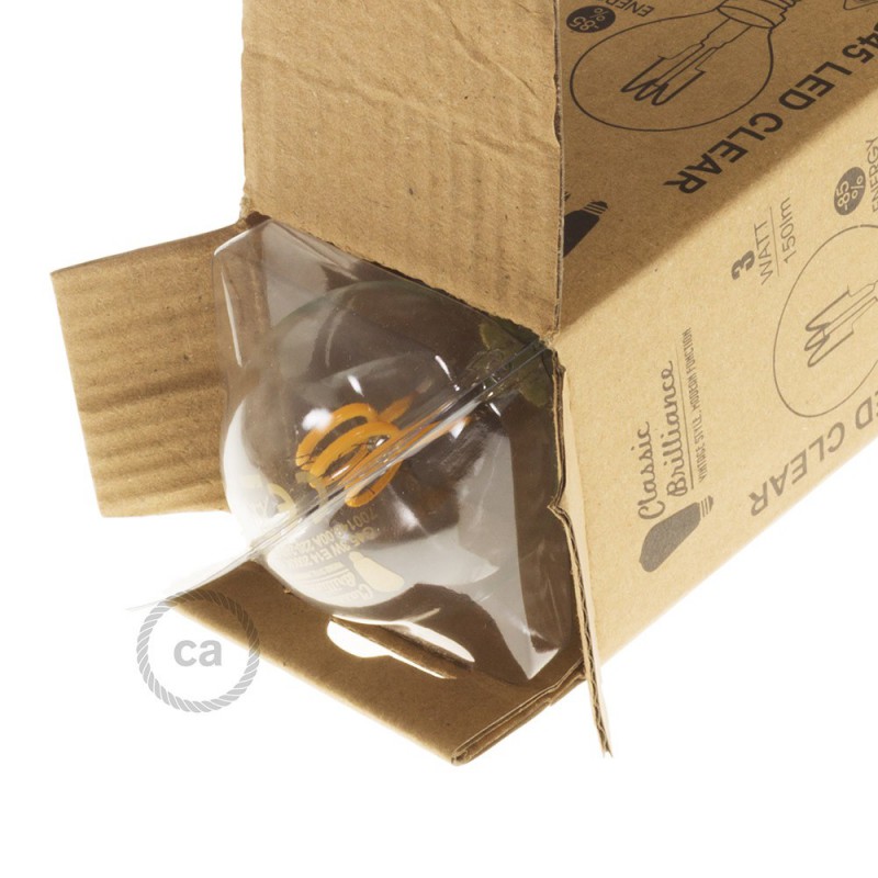 Bombilla Transparente LED Esfera G45 Filamento Curvado con Espiral 3W E14 Dimmable 2200K
