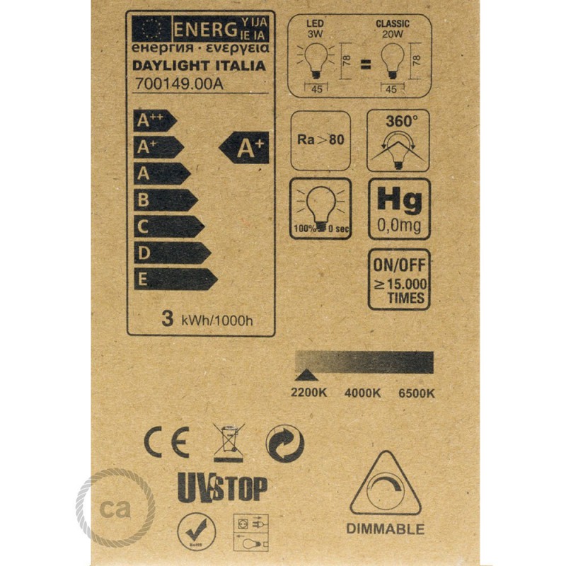 Bombilla Transparente LED Esfera G45 Filamento Curvado con Espiral 3W E14 Dimmable 2200K