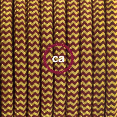 Pendel en porcelana, lámpara colgante cable textil ZigZag Dorado y Burdeos en tejido Efecto Seda RZ23