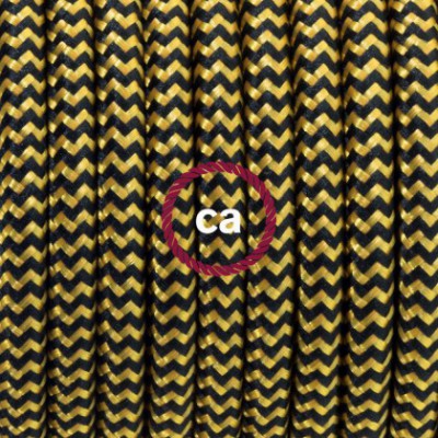 Pendel en porcelana, lámpara colgante cable textil ZigZag Dorado y Negro en tejido Efecto Seda RZ24
