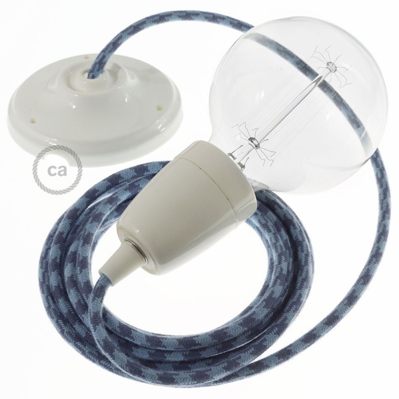 Pendel en porcelana, lámpara colgante cable textil Bicolor Gris Piedra y Océano en Algodón RP25