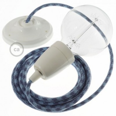Pendel en porcelana, lámpara colgante cable textil Bicolor Gris Piedra y Océano en Algodón RP25