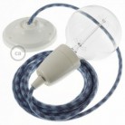Pendel en porcelana, lámpara colgante cable textil Bicolor Gris Piedra y Océano en Algodón RP25
