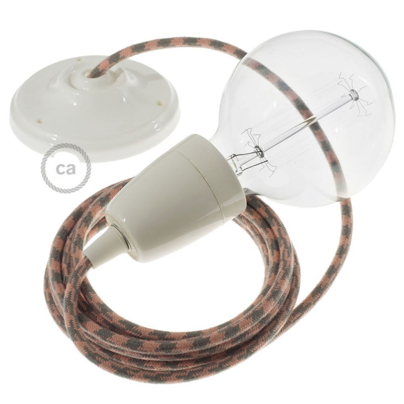 Pendel en porcelana, lámpara colgante cable textil Bicolor Rosa Viejo y Gris en Algodón RP26