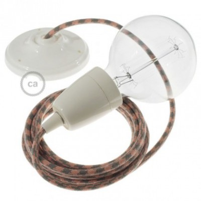 Pendel en porcelana, lámpara colgante cable textil Bicolor Rosa Viejo y Gris en Algodón RP26