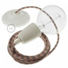 Pendel en porcelana, lámpara colgante cable textil Bicolor Rosa Viejo y Gris en Algodón RP26