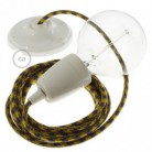 Pendel en porcelana, lámpara colgante cable textil Bicolor Miel Dorado y Antracita en Algodón RP27