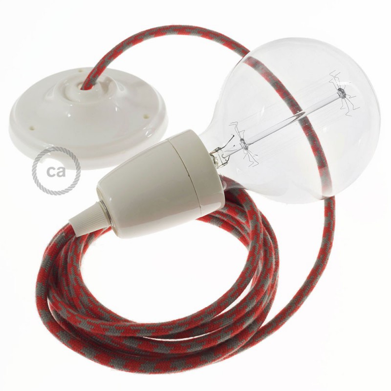Pendel en porcelana, lámpara colgante cable textil Bicolor Rojo Fuego y Gris en Algodón RP28