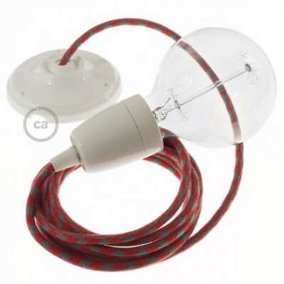Pendel en porcelana, lámpara colgante cable textil Bicolor Rojo Fuego y Gris en Algodón RP28
