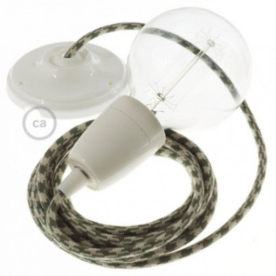 Pendel en porcelana, lámpara colgante cable textil Bicolor Verde Tomillo y Gris pardo en Algodón RP30
