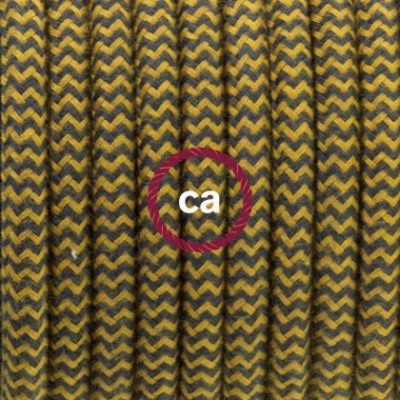 Pendel en porcelana, lámpara colgante cable textil ZigZag Miel Dorado y Antracita en Algodón RZ27