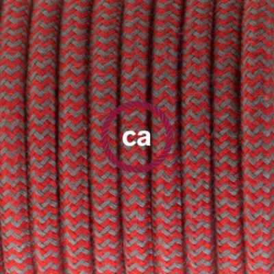 Pendel en porcelana, lámpara colgante cable textil ZigZag Rojo Fuego y Gris en Algodón RZ28