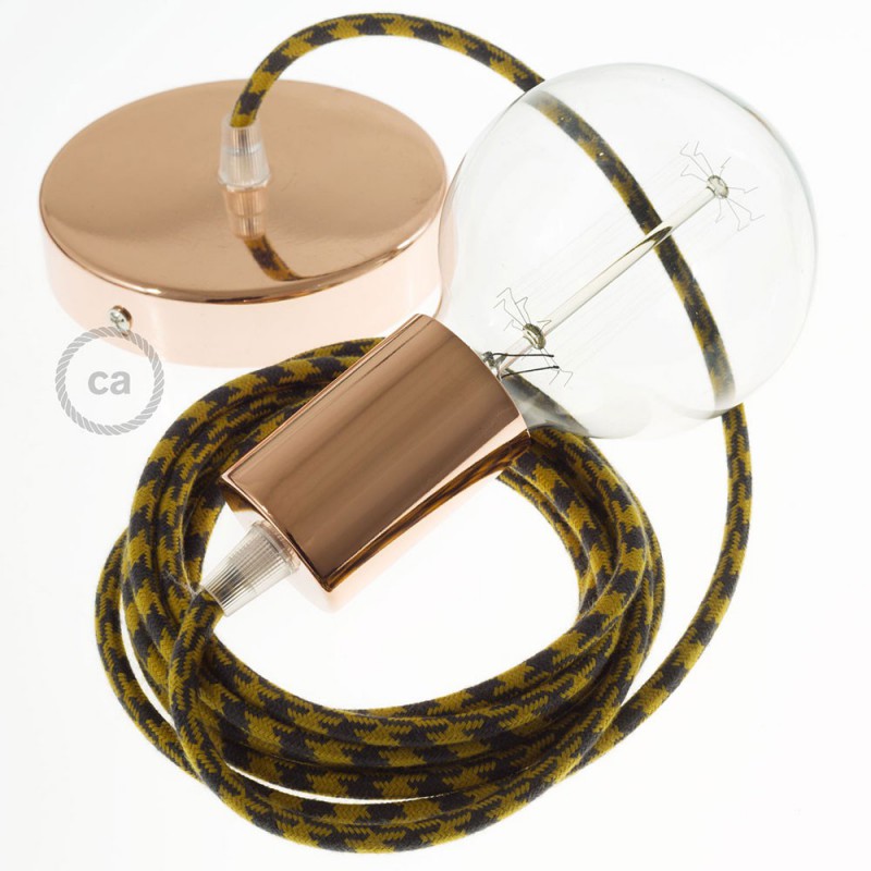Pendel único, lámpara colgante cable textil Bicolor Miel Dorado y Antracita en Algodón RP27