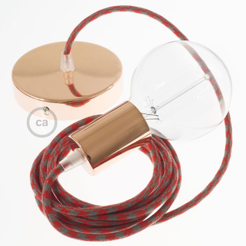 Pendel único, lámpara colgante cable textil Bicolor Rojo Fuego y Gris en Algodón RP28