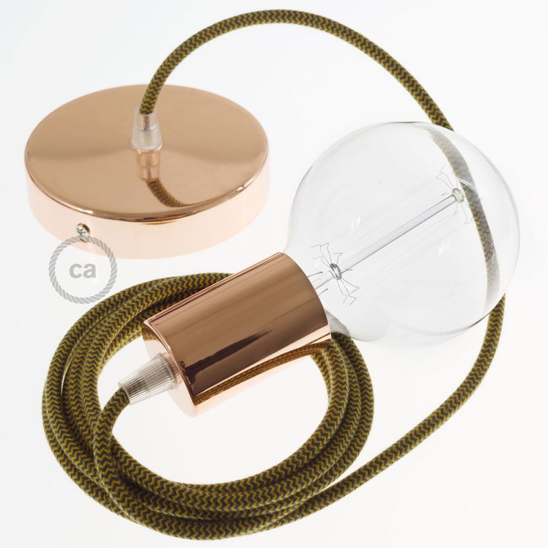 Pendel único, lámpara colgante cable textil ZigZag Miel Dorado y Antracita en Algodón RZ27