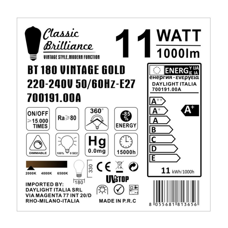 Bombilla Dorada LED XXL Huso BT180 11W E27 Dimmable 2000K