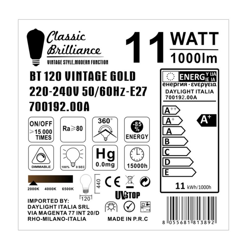 Bombilla Dorada LED XXL Huso BT120 11W E27 Dimmable 2000K