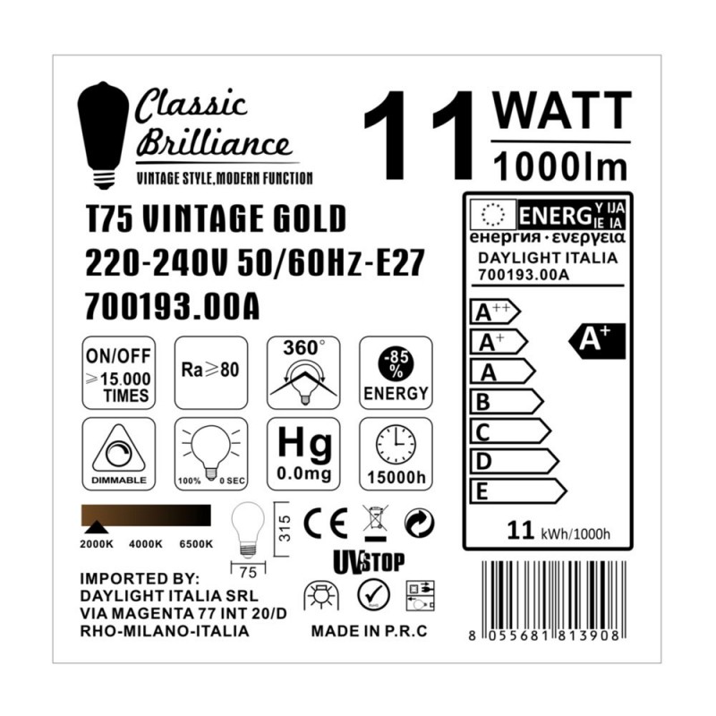 Bombilla Dorada LED XXL Tubular T75 11W E27 Dimmable 2000K