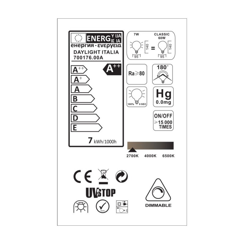 Bombilla LED Globo G95 media esfera plata 7W E27 2700K Dimmable