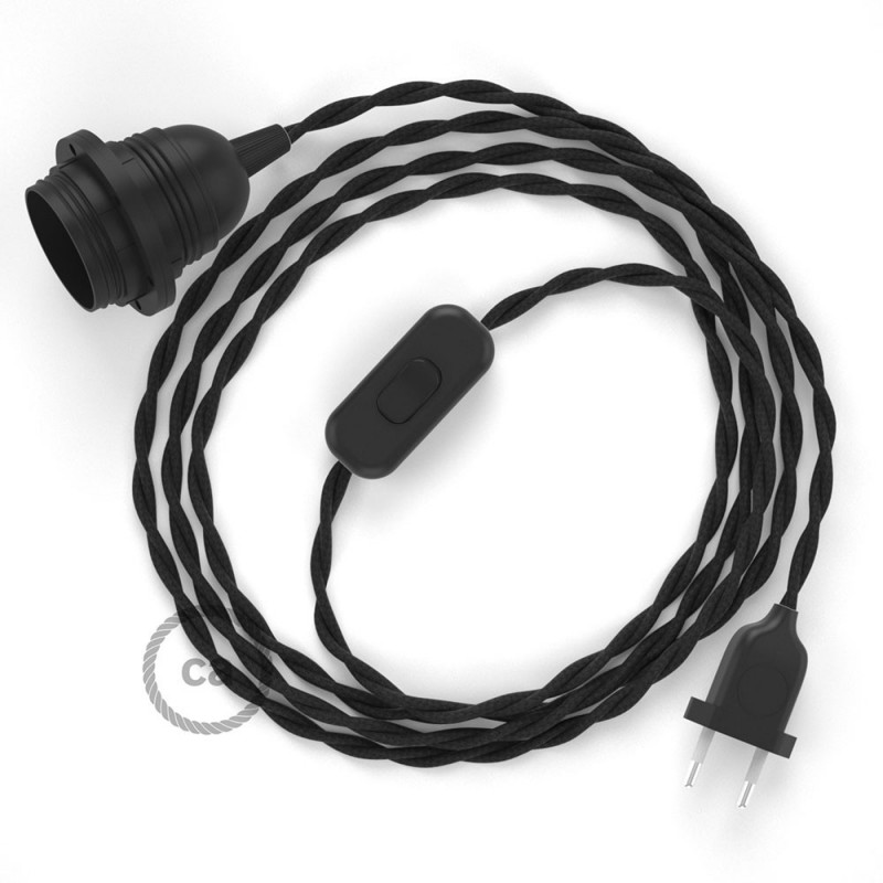 SnakeBis cableado con portalámpara cable textil Negro en tejido Efecto Seda TM04