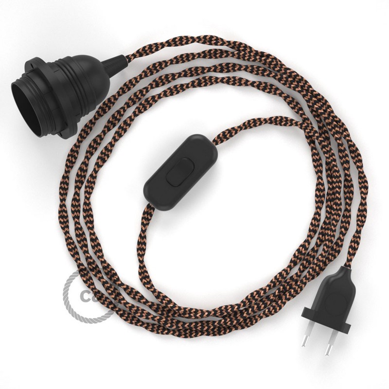 SnakeBis cableado con portalámpara cable textil Negro e Whiskey en tejido Efecto Seda TZ22