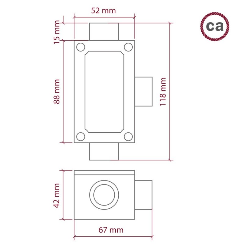 Caja de conexiones 3 salidas, forma de T, para Creative-Tube, caja de aluminio