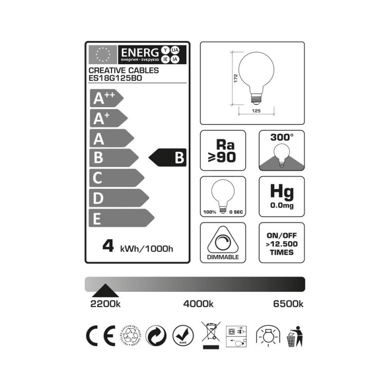Bombilla LED Globo G125 Serie Pastel, Ocean Blue, filamento laminado 4W E27 Regulable 2200K