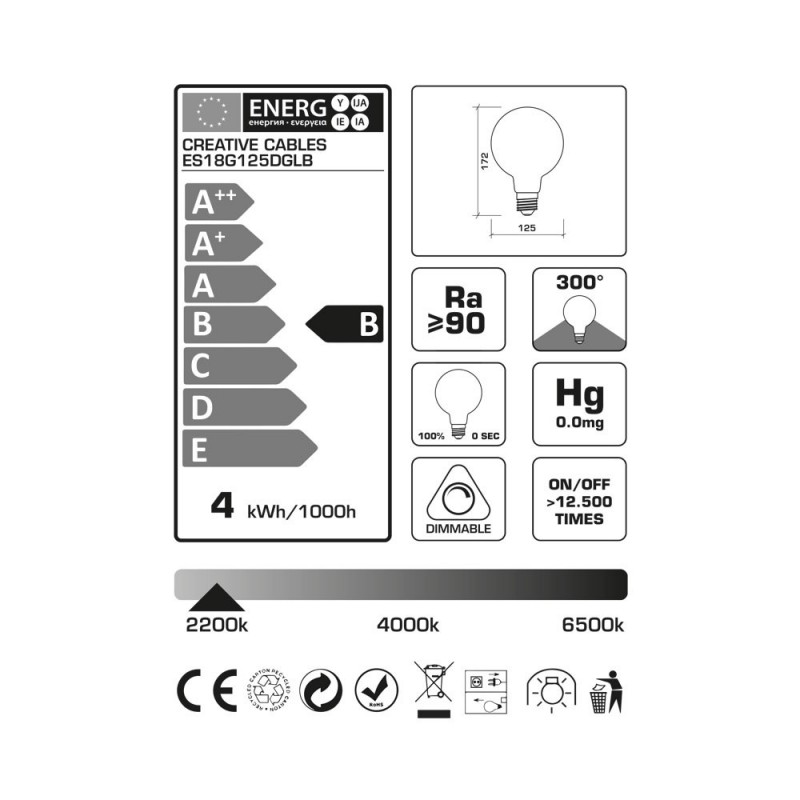 Bombilla LED Globo G125 Serie Pastel, Dusk, filamento laminado 4W E27 Regulable 2200K