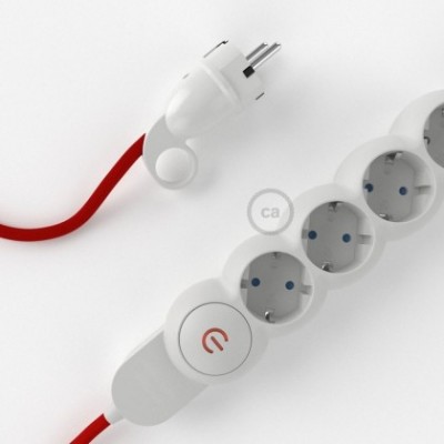 Multienchufe con cable en tejido colorado efecto seda Rojo RM09 y clavija Schuko con anillo comfort