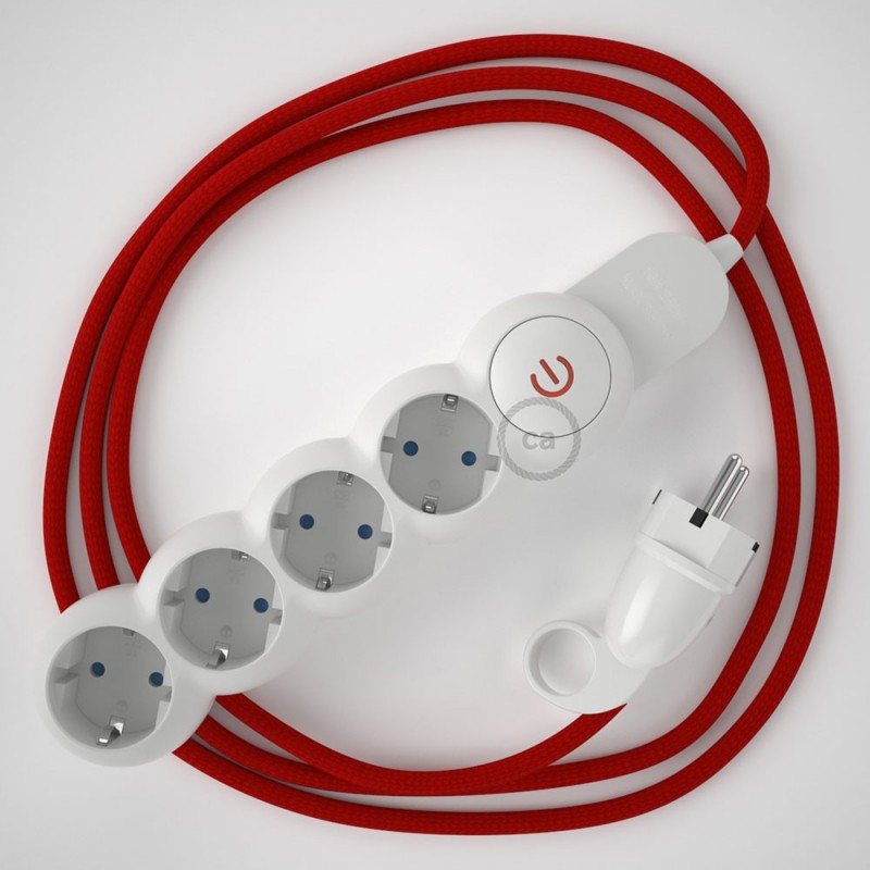 Multienchufe con cable en tejido colorado efecto seda Rojo RM09 y clavija Schuko con anillo comfort