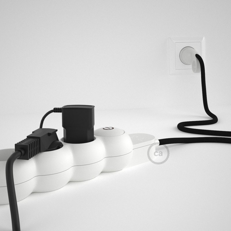 Multienchufe con cable en tejido colorado efecto seda Negro RM04 y clavija Schuko con anillo comfort
