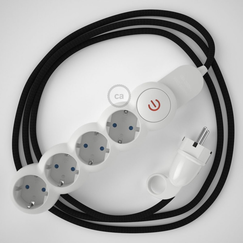 Multienchufe con cable en tejido colorado efecto seda Negro RM04 y clavija Schuko con anillo comfort