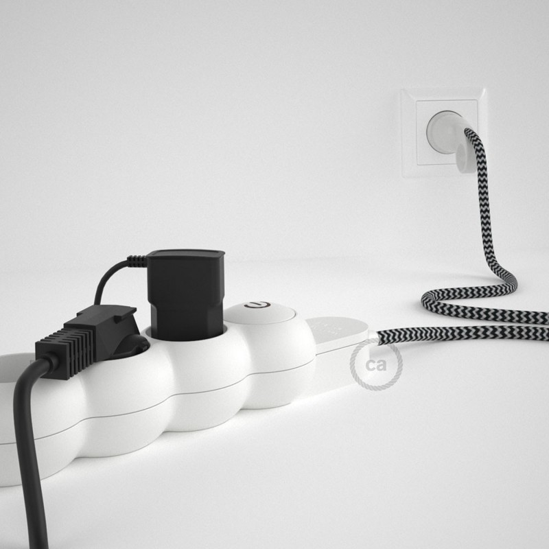 Multienchufe con cable en tejido colorado efecto seda Negro ZigZag RZ04 y clavija Schuko con anillo comfort