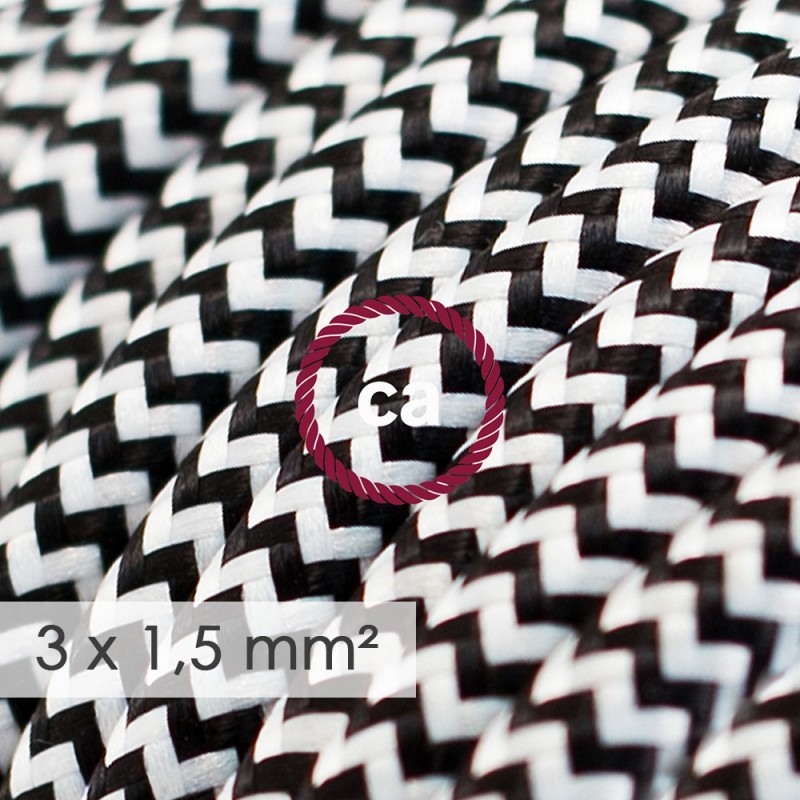 Multienchufe con cable en tejido colorado efecto seda Negro ZigZag RZ04 y clavija Schuko con anillo comfort