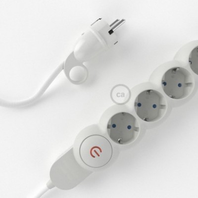 Multienchufe con cable en tejido efecto seda Blanco RM01 y clavija Schuko con anillo comfort