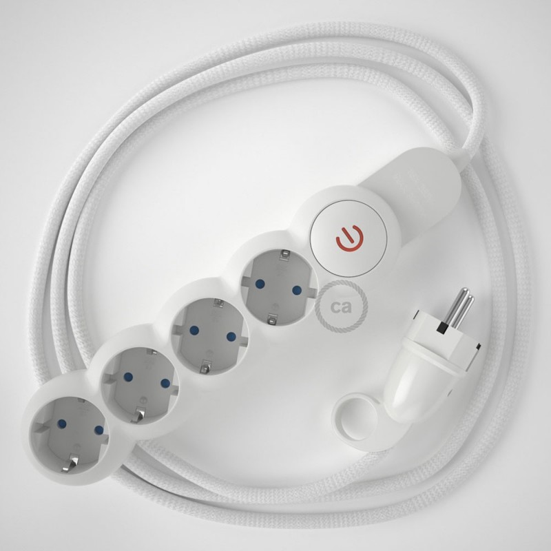 Multienchufe con cable en tejido efecto seda Blanco RM01 y clavija Schuko con anillo comfort