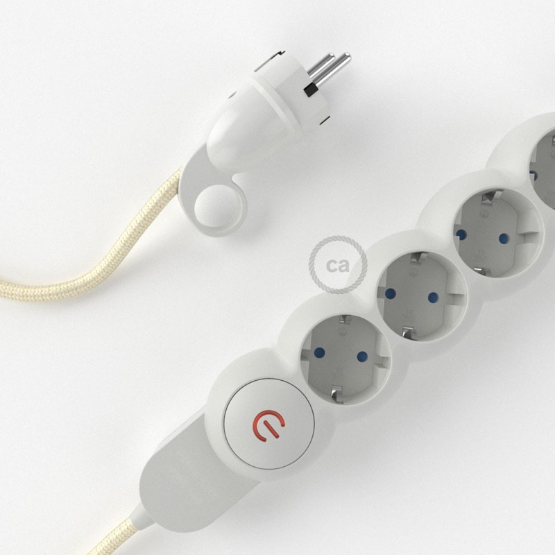 Multienchufe con cable en tejido efecto seda Marfil RM00 y clavija Schuko con anillo comfort