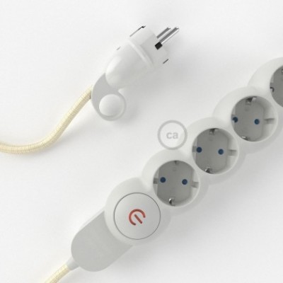 Multienchufe con cable en tejido efecto seda Marfil RM00 y clavija Schuko con anillo comfort