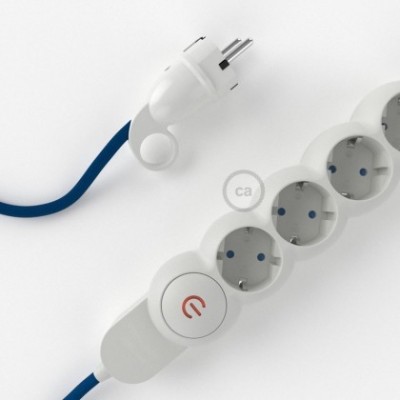 Multienchufe con cable en tejido efecto seda Azul RM12 y clavija Schuko con anillo comfort