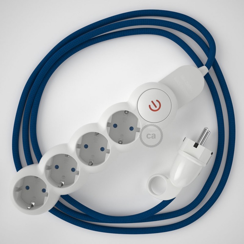 Multienchufe con cable en tejido efecto seda Azul RM12 y clavija Schuko con anillo comfort